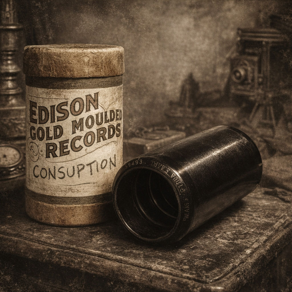 Wax cylinder container labeled 'CONSUPTION' beside a viewing tube