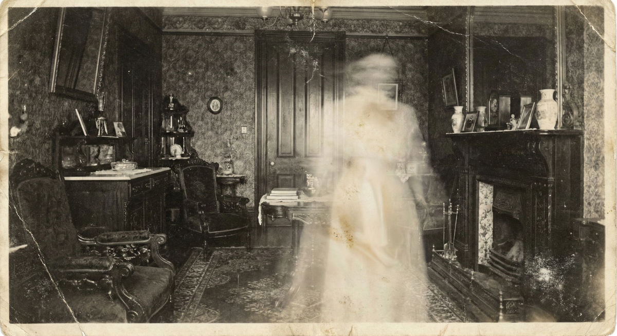 Blurred human figure captured in a domestic interior photograph