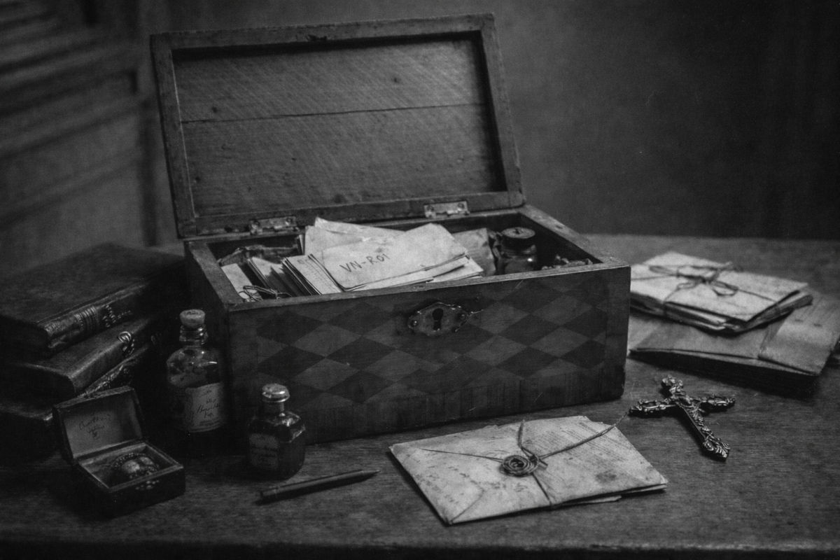 Black-and-white documentation photo of an open wooden box containing papers and small objects.